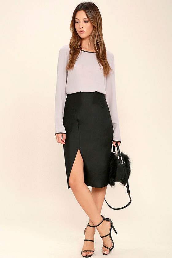 outfits with black midi skirt