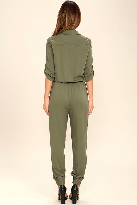 Cool Olive Green Jumpsuit - Three-Quarter Sleeve Jumpsuit - Collared ...