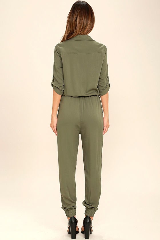 Cool Olive Green Jumpsuit ThreeQuarter Sleeve Jumpsuit Collared