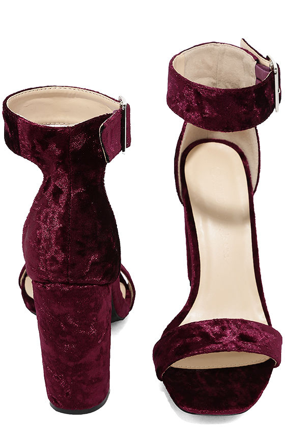 Chic Wine Heels Burgundy Velvet Heels Block Heels Ankle Strap