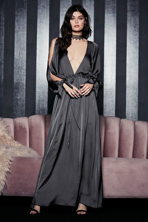 Chic Charcoal Grey Dress Maxi Dress Satin Dress Sheer Dress 94.00
