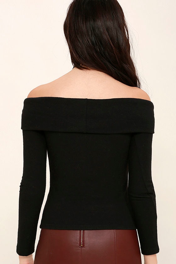 Chic Black Top - Off-The-Shoulder Top - Long Sleeve Top - Sweater Top ...