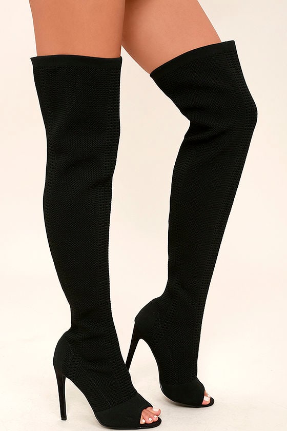 Sexy Black Knit Boots PeepToe Boots Sock Boots Knitted Heels