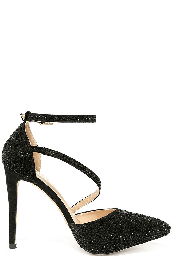 black chunky heels with rhinestones