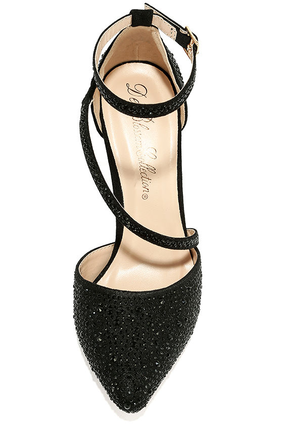 black chunky heels with rhinestones
