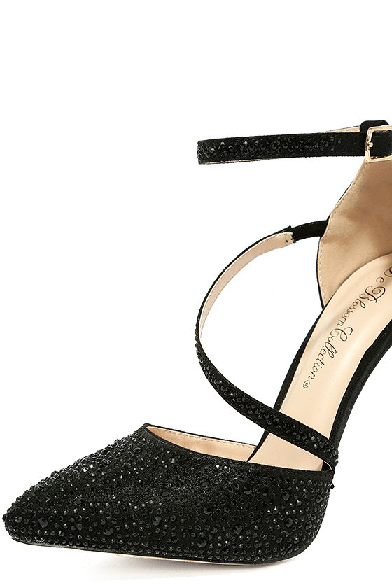 black chunky heels with rhinestones