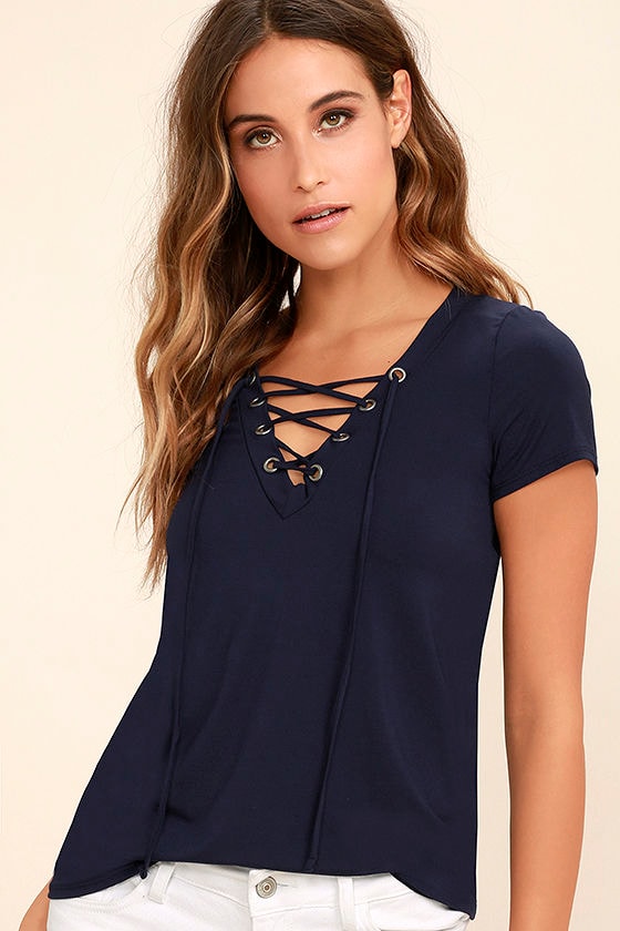 Lace-Up Tee - Navy Blue Top - Short Sleeve Top - $34.00