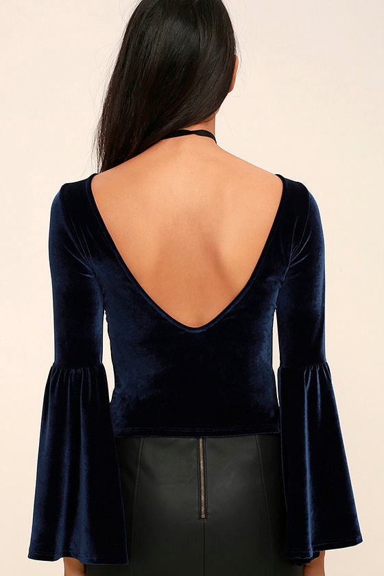 Chic Navy Blue Top Velvet Top Crop Top Long Sleeve Top 31.00