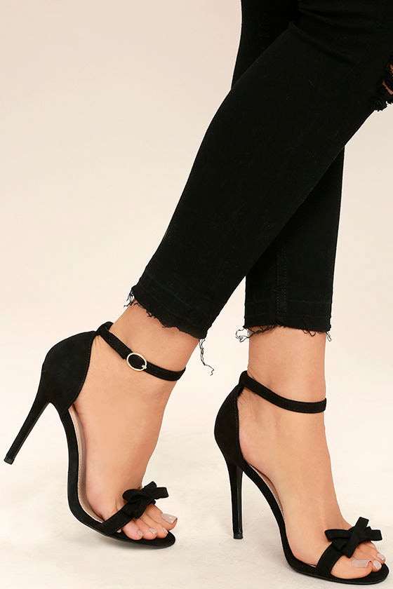 Cute Black Heels Ankle Strap Heels Vegan Suede Dress Sandals Bow 