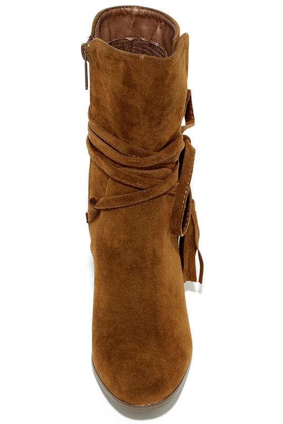 tan high heel ankle booties