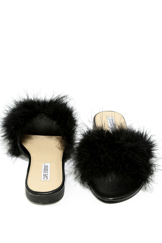 Cute Black Slide Sandals Feather Slide Sandals Kitten