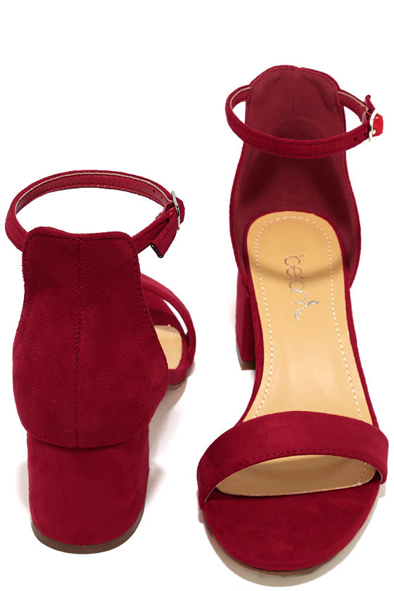 red ankle strap open toe heels