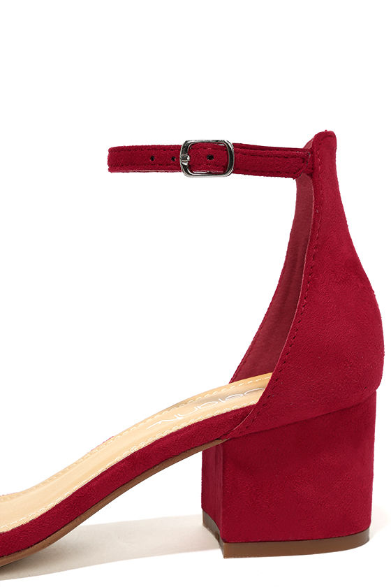 red ankle strap open toe heels