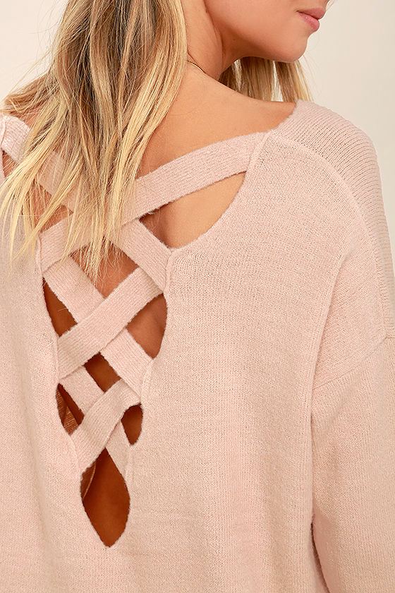 Cute Blush Pink Sweater Backless Sweater LaceUp Sweater 45.00