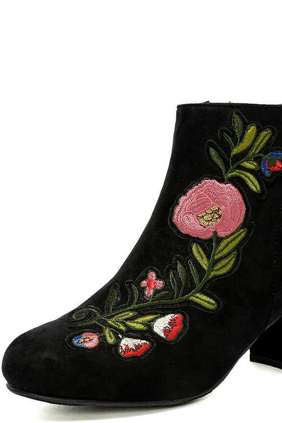 Cute Black Suede Booties - Embroidered Booties - Ankle Booties - $39.00