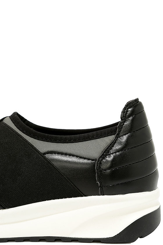 black and grey slip ons