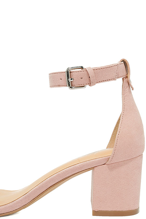 blush suede ankle strap heels