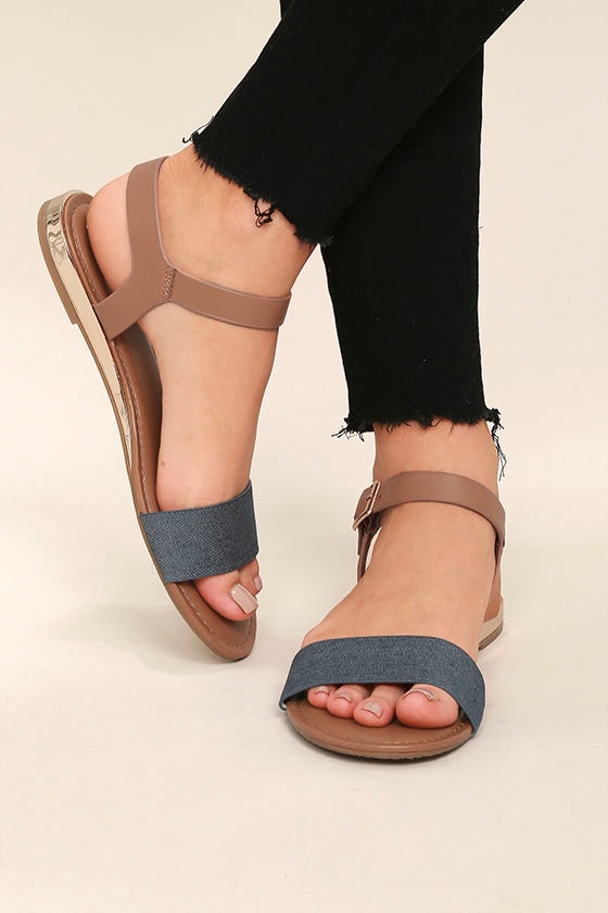Cute Denim Sandals - Wedge Sandals - Blue and Brown Sandals - $21.00