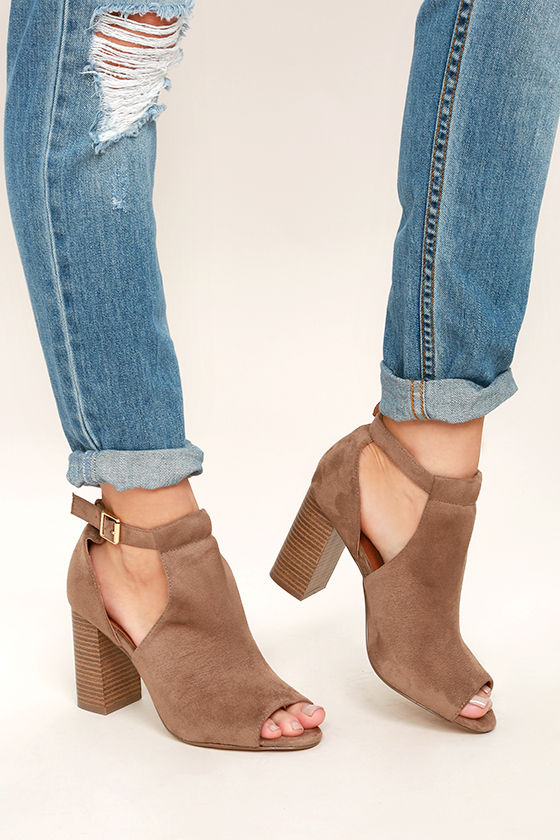 Taupe Peep-Toe Booties - Ankle Booties - Vegan Suede Booties