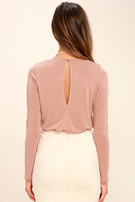 Sexy Blush Pink Bodysuit Long Sleeve Bodysuit Surplice Bodysuit