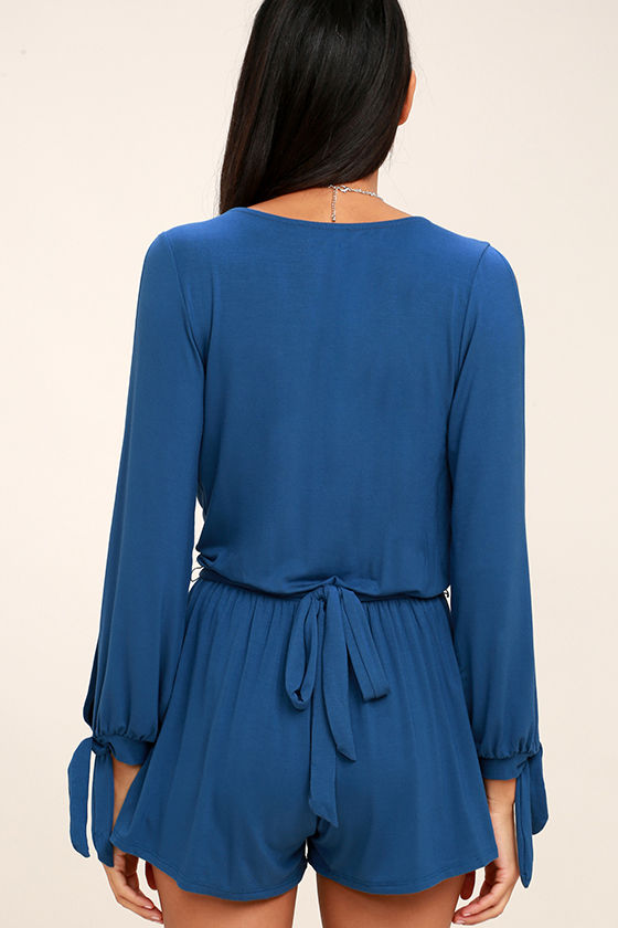 Cute Denim Blue Romper - Cold Shoulder Romper - Long Sleeve Romper - $46.00