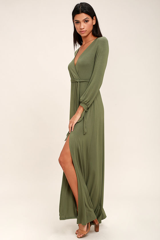 Lovely Olive Green Dress - Maxi Dress - Long Sleeve Maxi Dress - $68.00