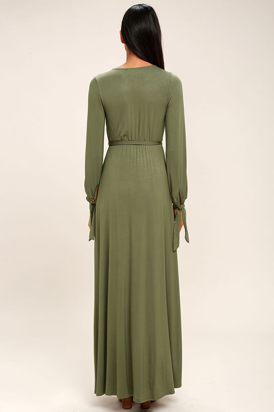 Lovely Olive Green Dress - Maxi Dress - Long Sleeve Maxi Dress - $68.00