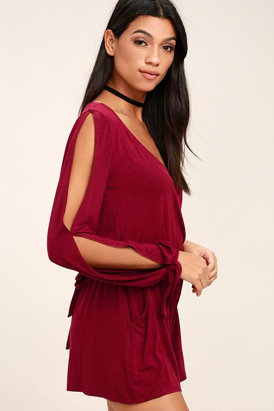 Cute Wine Red Romper - Cold Shoulder Romper - Long Sleeve Romper - $46.00