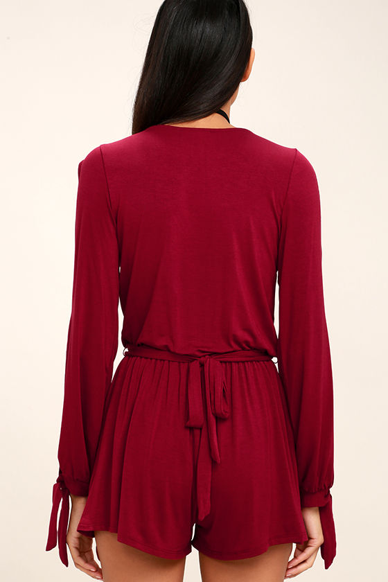 Cute Wine Red Romper - Cold Shoulder Romper - Long Sleeve Romper - $46.00