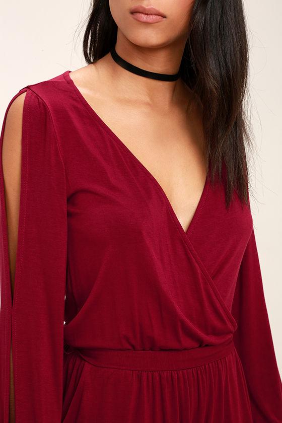 Cute Wine Red Romper - Cold Shoulder Romper - Long Sleeve Romper - $46.00
