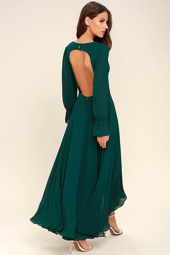 Stunning Forest Green Maxi Dress - Backless Maxi - Long Sleeve Maxi ...