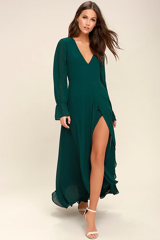 Stunning Forest Green Maxi Dress - Backless Maxi - Long Sleeve Maxi ...