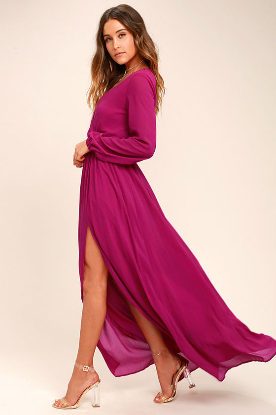 Lovely Magenta Dress - Maxi Dress - Long Sleeve Dress - $78.00