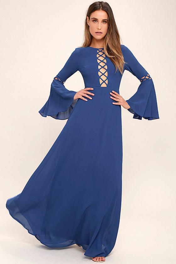 Lovely Denim Blue Dress - Long Sleeve Dress - Maxi Dress - Cutout Dress ...