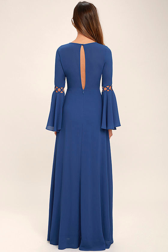 Lovely Denim Blue Dress Long Sleeve Dress Maxi Dress Cutout Dress
