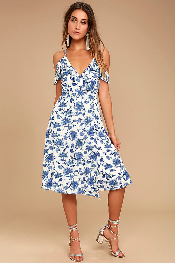 lovely blue and white dress floral print dress off the shoulder