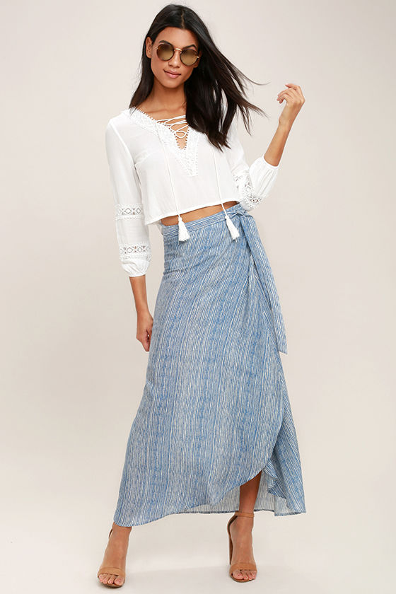 Cute White and Blue Skirt HighLow Skirt Wrap Skirt Midi Skirt 42.00