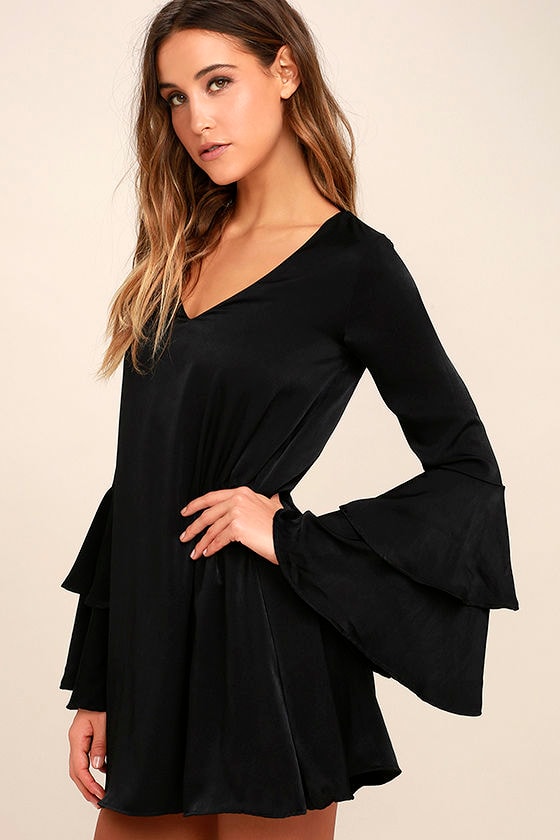 Lovely Black Dress - Shift Dress - Bell Sleeve Dress - Long Sleeve ...