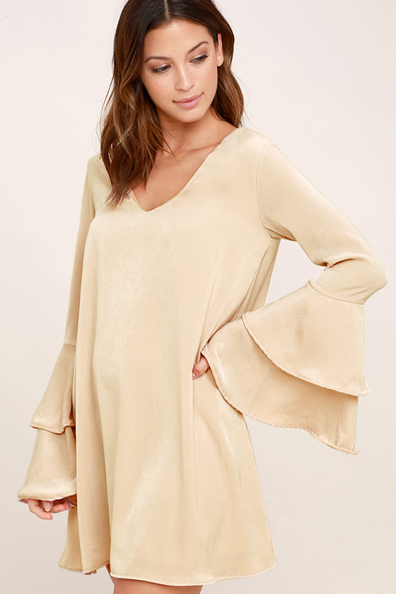 Lovely Beige Dress - Shift Dress - Bell Sleeve Dress - Long Sleeve ...