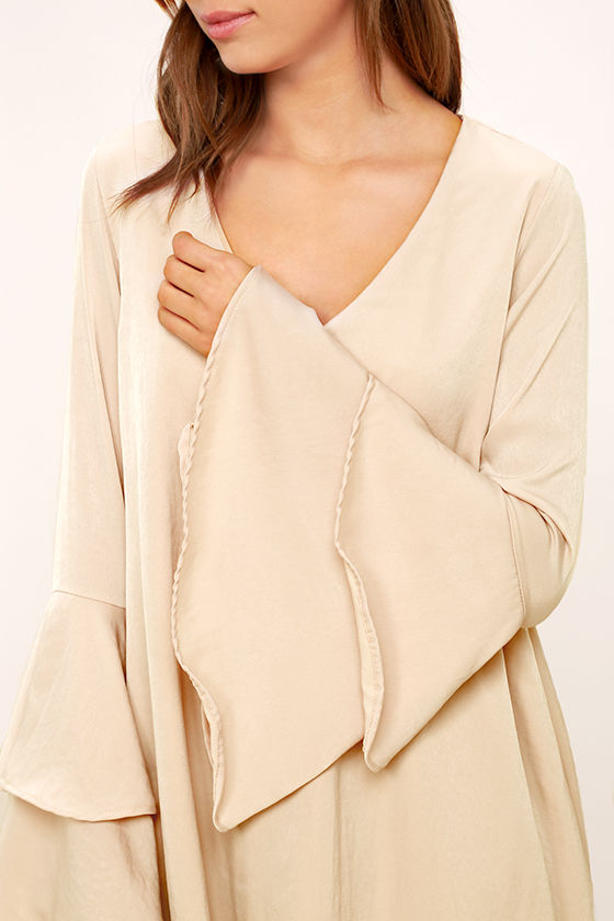 Lovely Beige Dress Shift Dress Bell Sleeve Dress Long Sleeve