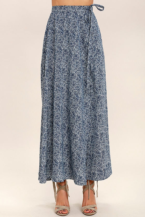 Lovely Navy Blue Skirt - Print Skirt - Wrap Maxi Skirt