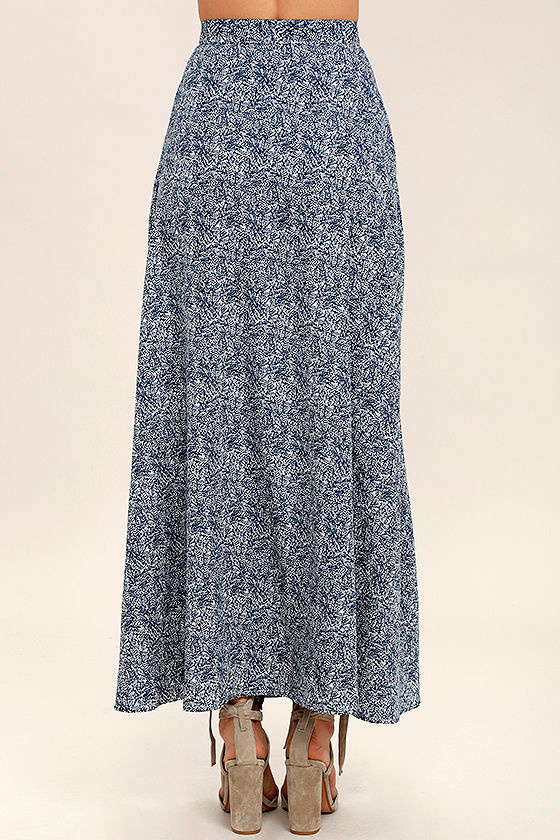 Lovely Navy Blue Skirt Print Skirt Wrap Maxi Skirt