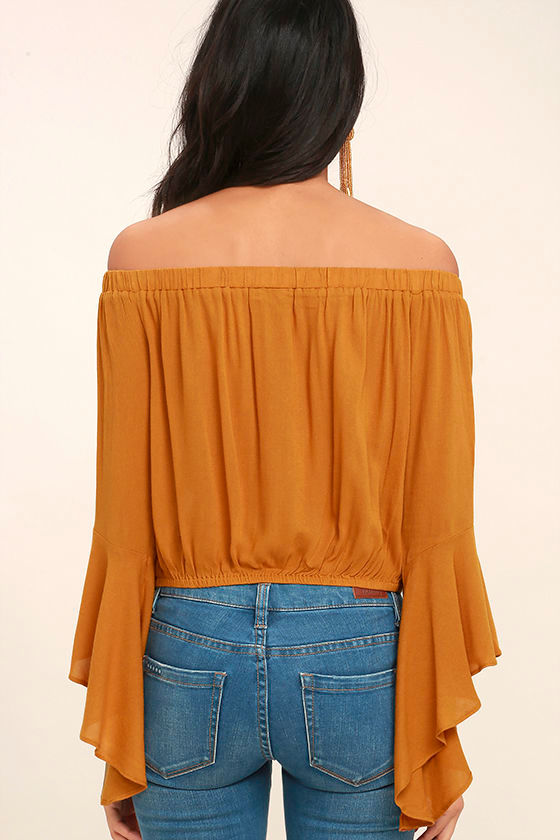 Fun Burnt Orange Top - Off-the-Shoulder Top - Bell Sleeve Top - Crop ...