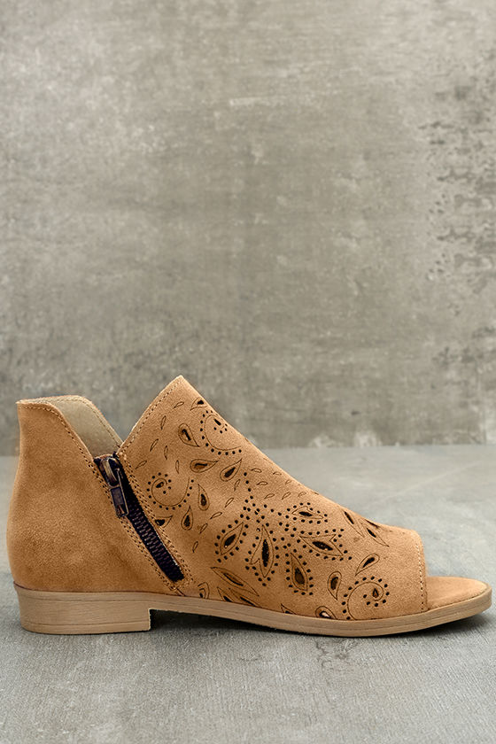 peep toe cognac booties