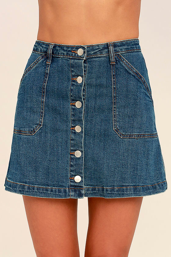Cute Medium Wash Denim Skirt Mini Skirt ALine Skirt ButtonFront