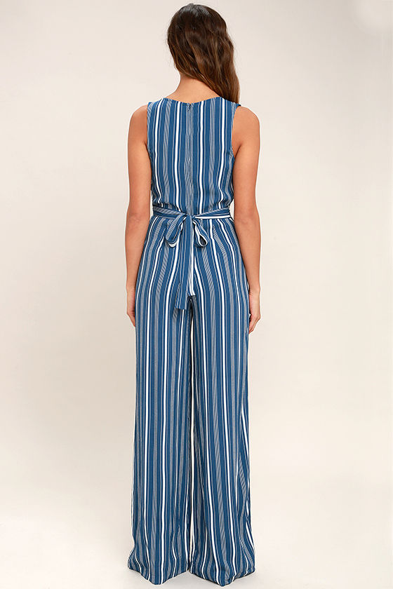 Blue and White Jumpsuit - Striped Wide-Leg Jumpsuit