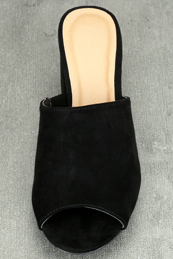 black suede peep toe mules