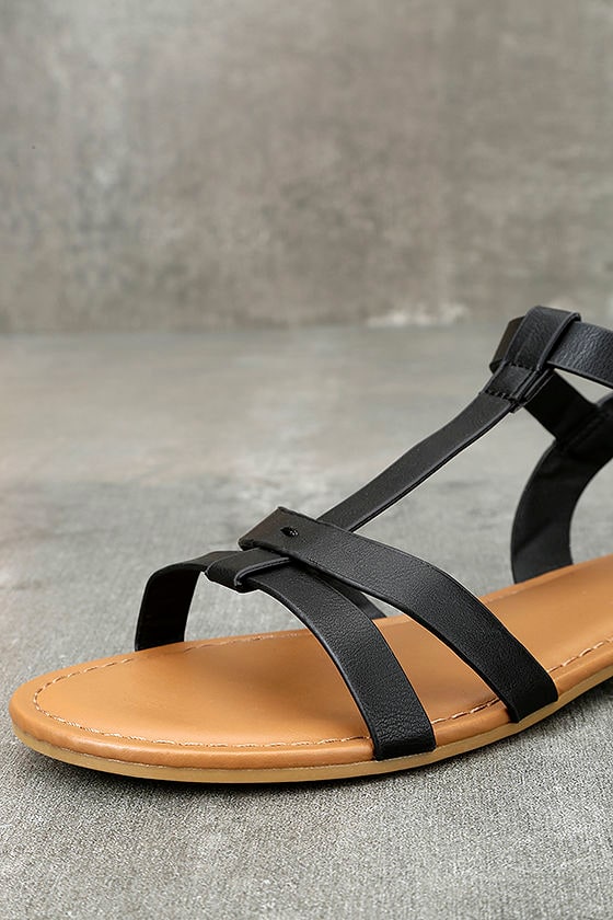 Cute Black Flat Sandals - Strappy Black Sandals - Vegan Leather Sandals ...