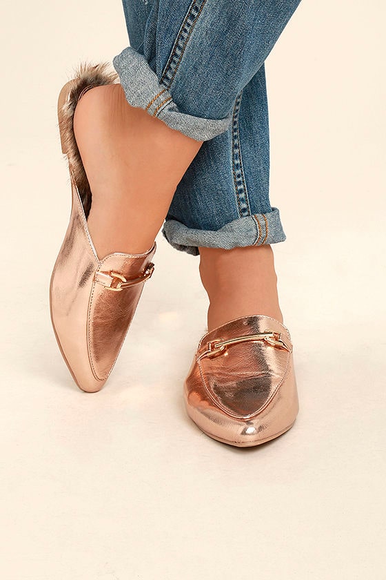 Chic Rose Gold Loafer Slides Faux Fur Loafers SlipOn Loafers 22.00