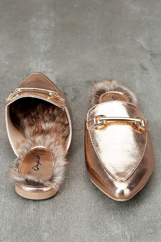 Chic Rose Gold Loafer Slides Faux Fur Loafers SlipOn Loafers 22.00